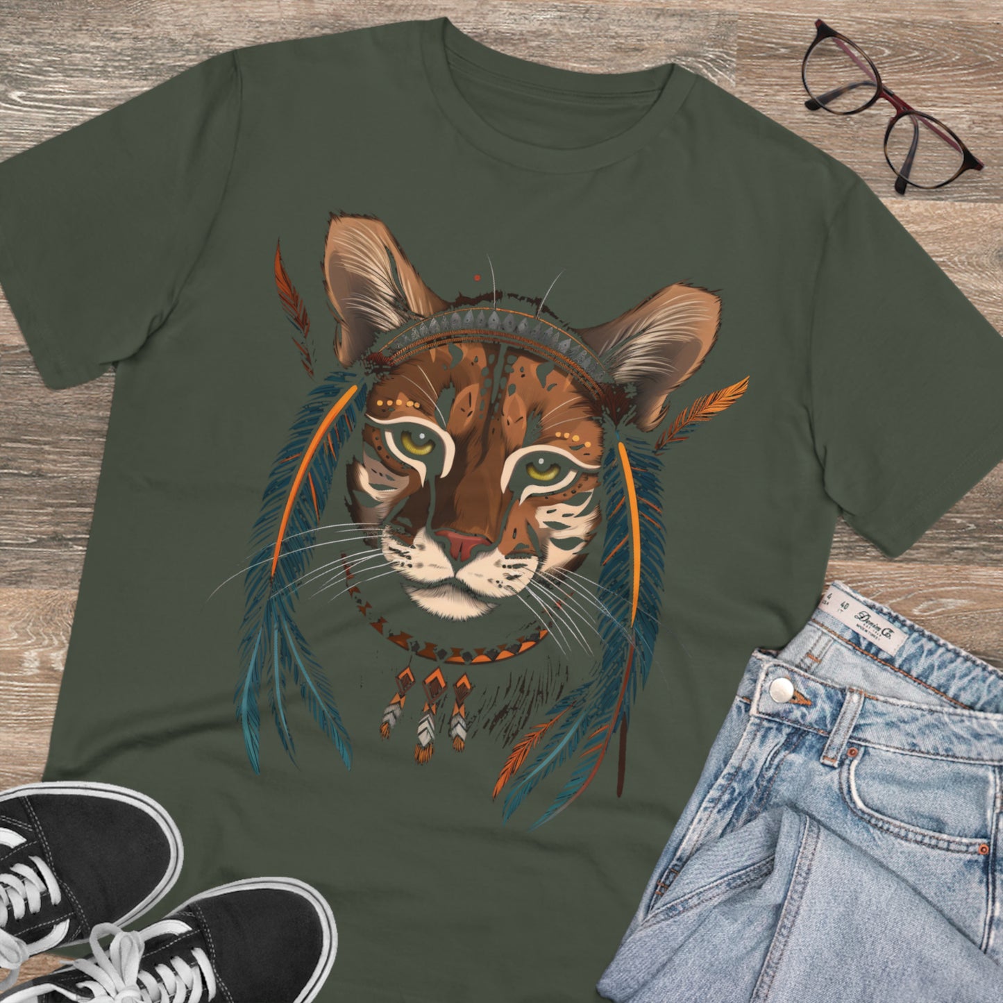 Bohemian Chic: 100% Organic Custom Cat T-shirt - Unisex 'Feathers' Design