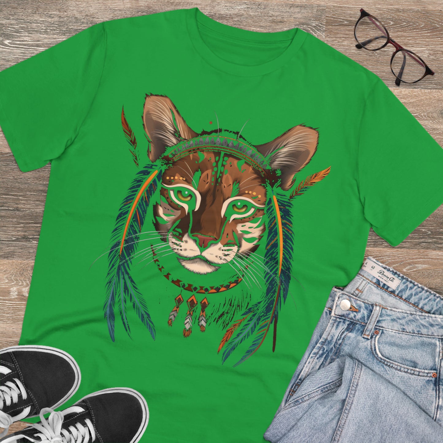 Bohemian Chic: 100% Organic Custom Cat T-shirt - Unisex 'Feathers' Design