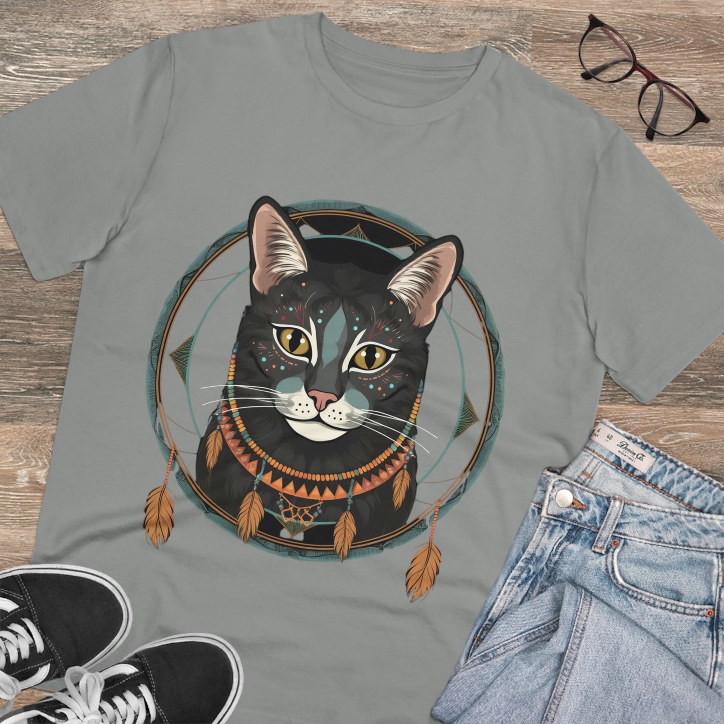 Bohemian Elegance: 100% Organic Custom Cat T-shirt - Unisex 'Circles' Design