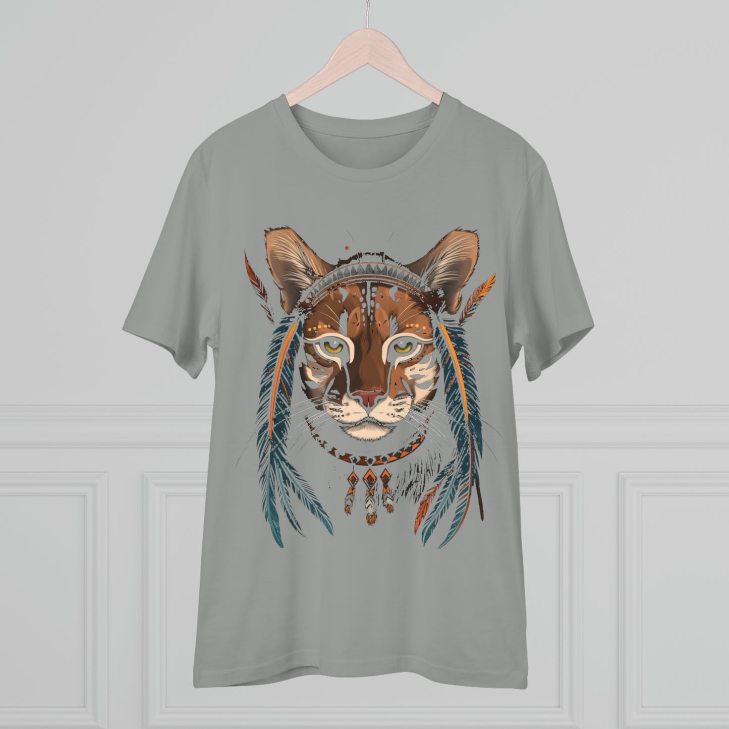 Bohemian Chic: 100% Organic Custom Cat T-shirt - Unisex 'Feathers' Design