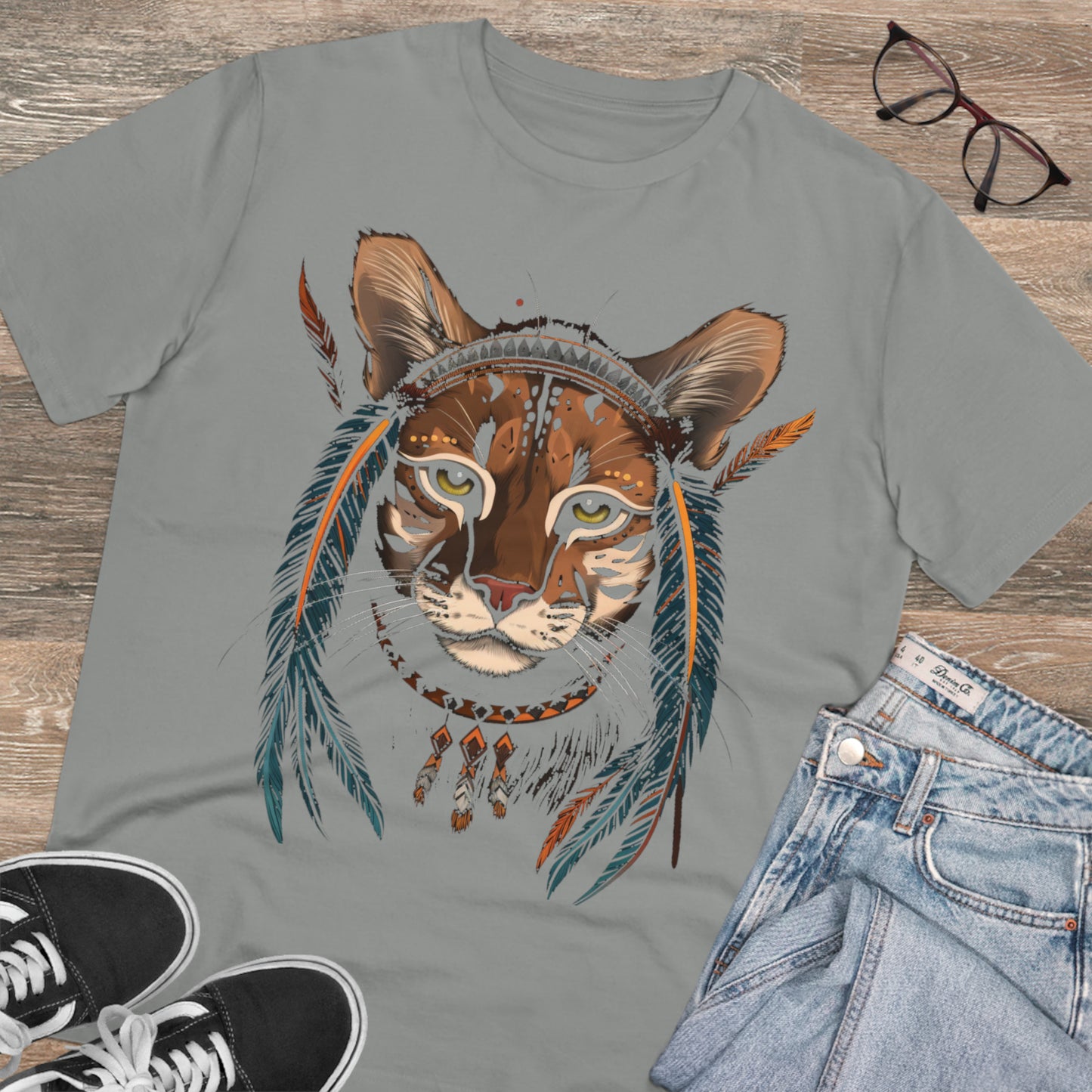 Bohemian Chic: 100% Organic Custom Cat T-shirt - Unisex 'Feathers' Design