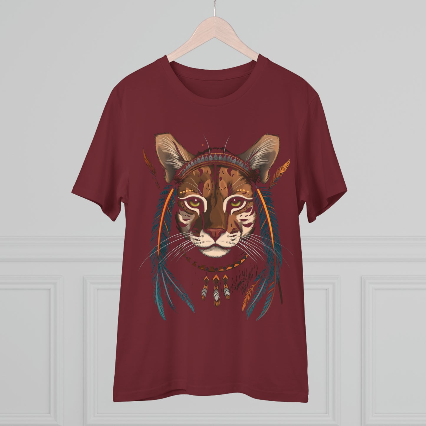 Bohemian Chic: 100% Organic Custom Cat T-shirt - Unisex 'Feathers' Design