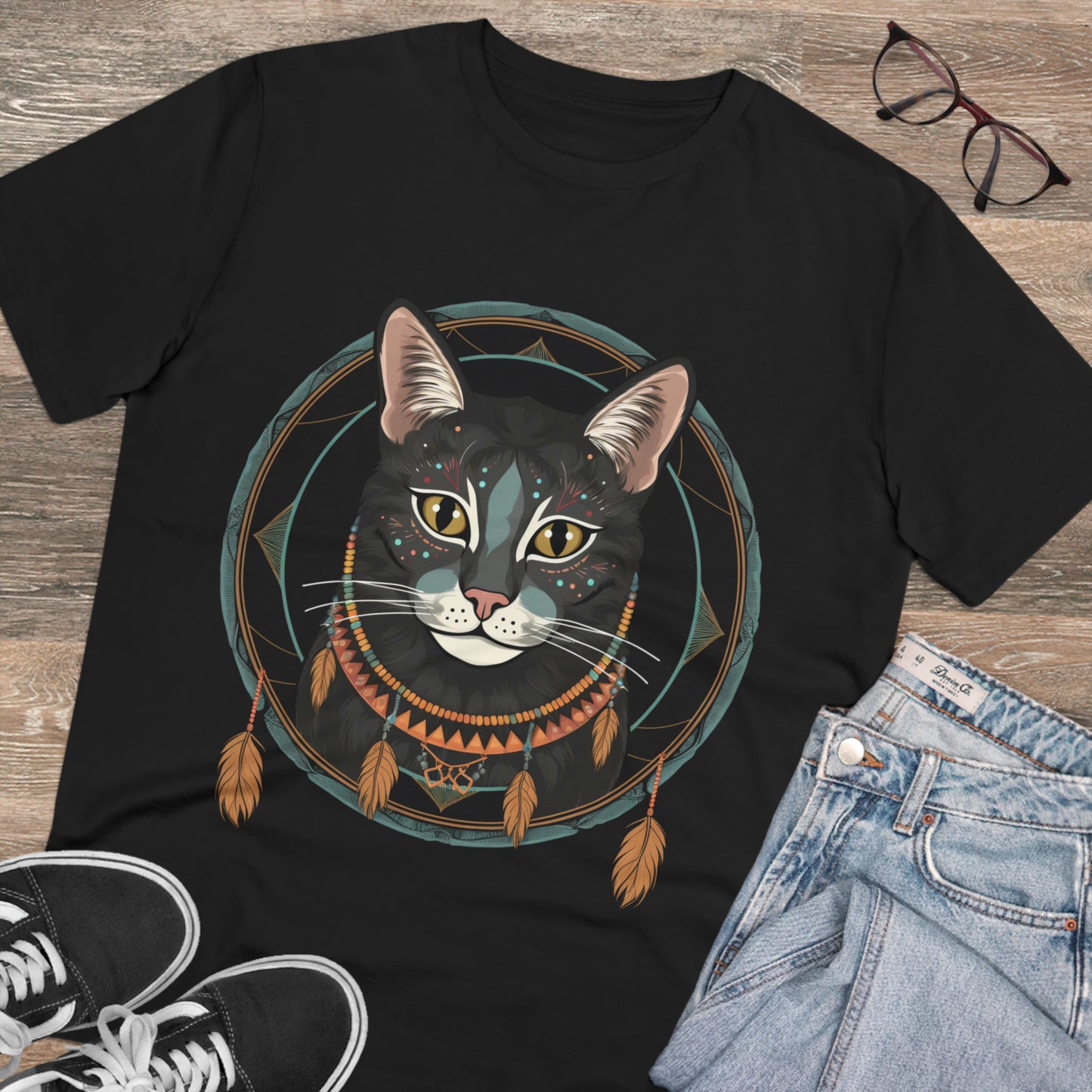 Bohemian Elegance: 100% Organic Custom Cat T-shirt - Unisex 'Circles' Design