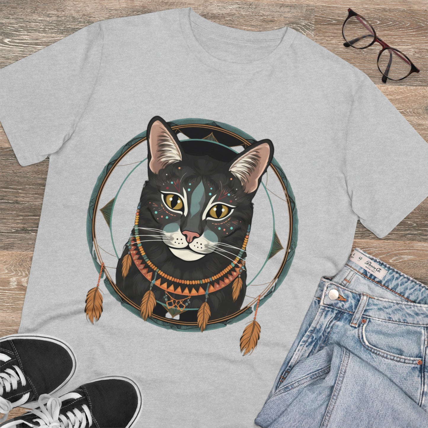 Bohemian Elegance: 100% Organic Custom Cat T-shirt - Unisex 'Circles' Design