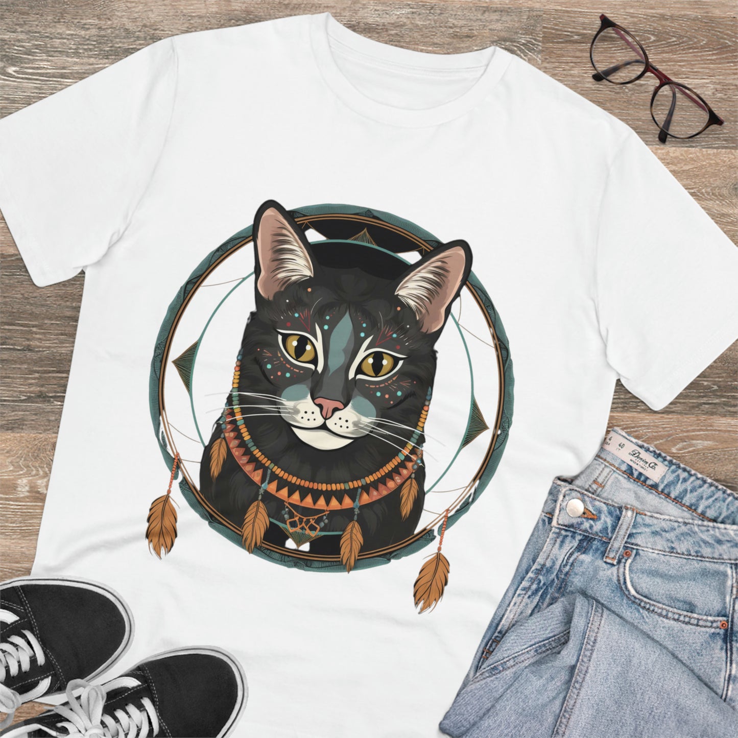 Bohemian Elegance: 100% Organic Custom Cat T-shirt - Unisex 'Circles' Design