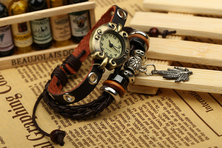 Timeless Elegance: Genuine Leather Bracelet Watch with Retro and Beaded Accents