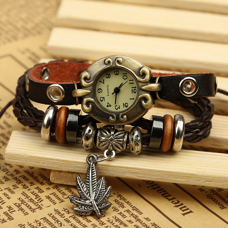 Timeless Elegance: Genuine Leather Bracelet Watch with Retro and Beaded Accents