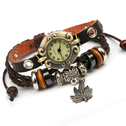 Timeless Elegance: Genuine Leather Bracelet Watch with Retro and Beaded Accents