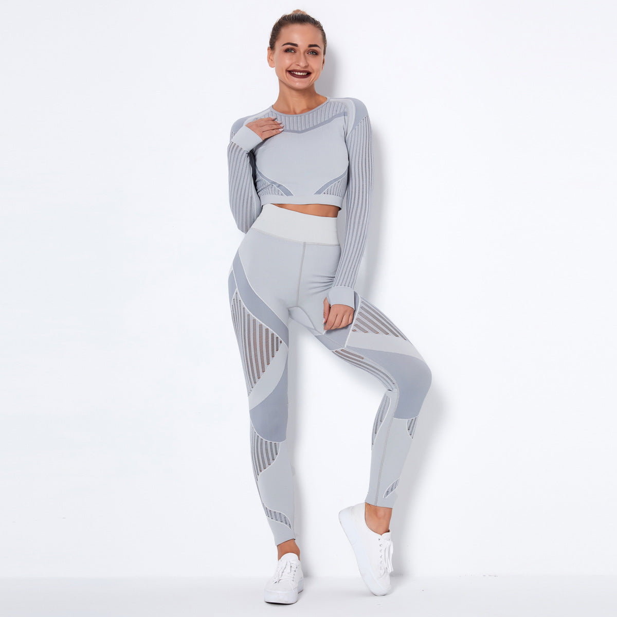 Seamless Knitted Absorbent Yoga Long-Sleeved Suit: 2PC Yoga Wear Set