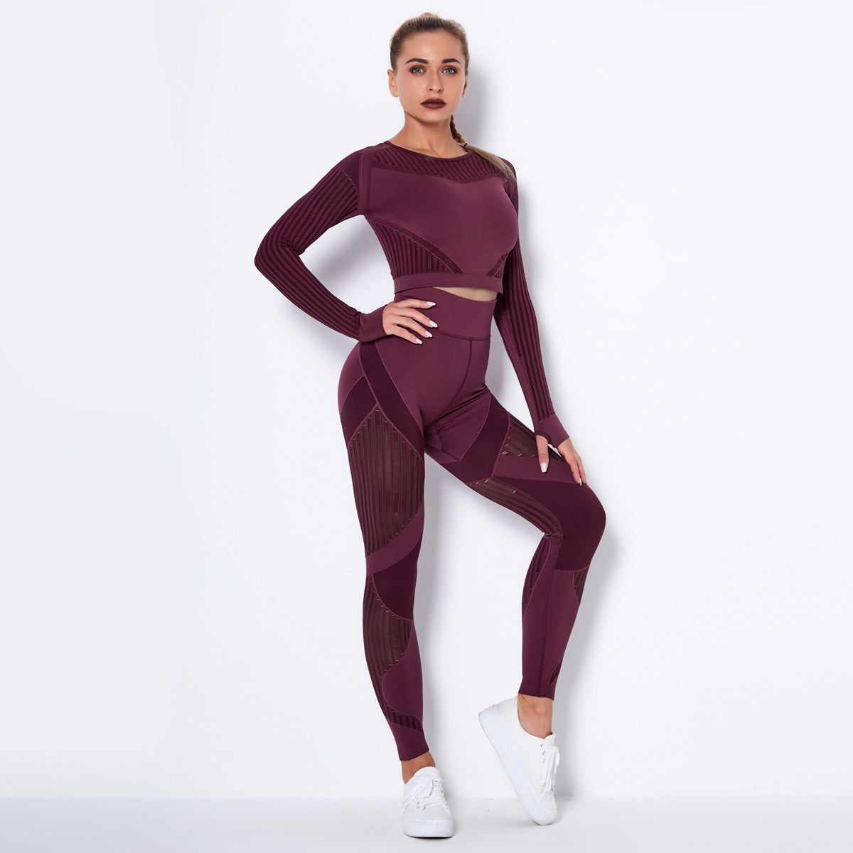 Seamless Knitted Absorbent Yoga Long-Sleeved Suit: 2PC Yoga Wear Set