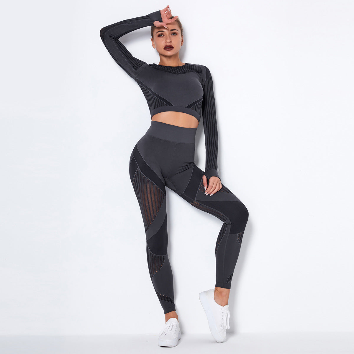 Seamless Knitted Absorbent Yoga Long-Sleeved Suit: 2PC Yoga Wear Set