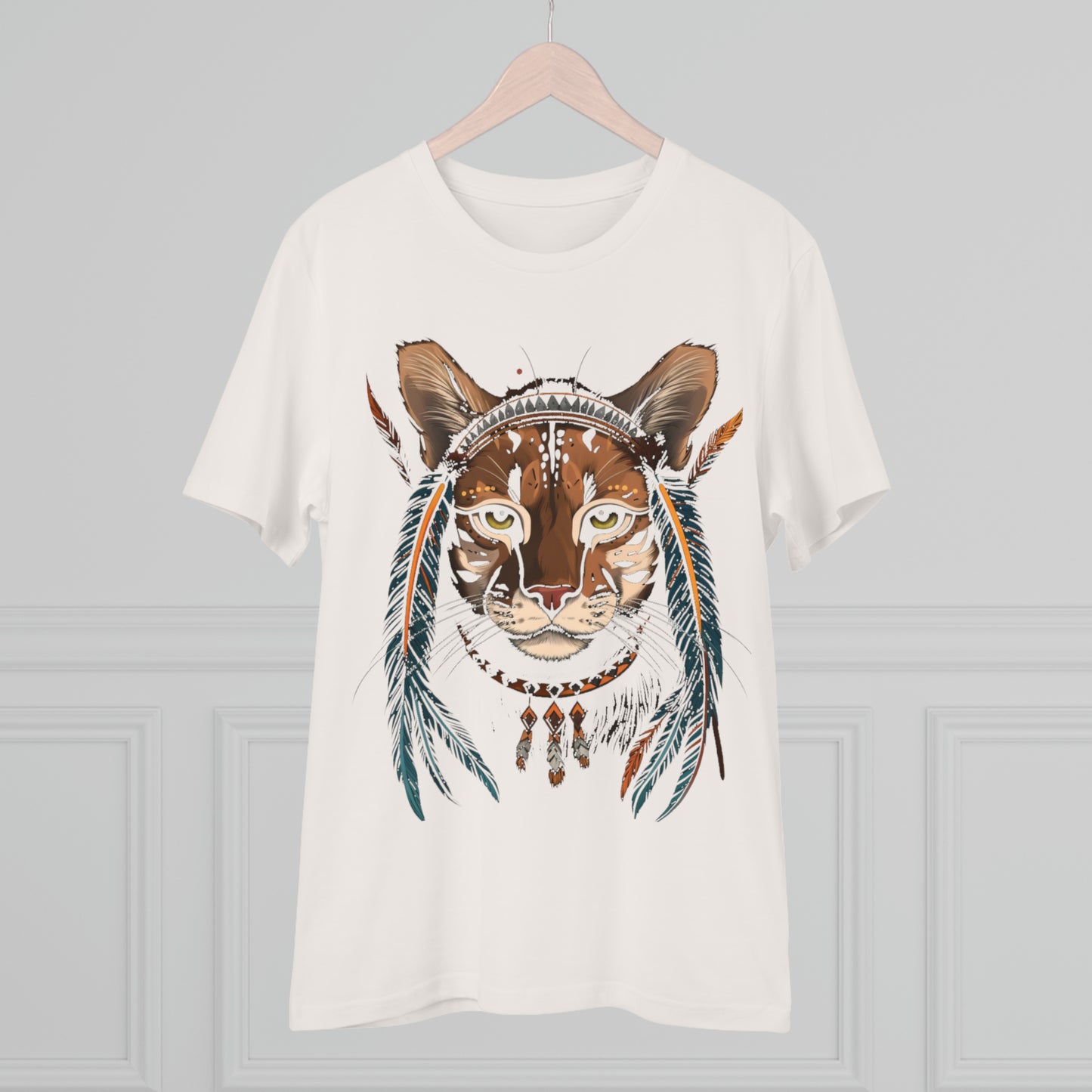 Bohemian Chic: 100% Organic Custom Cat T-shirt - Unisex 'Feathers' Design