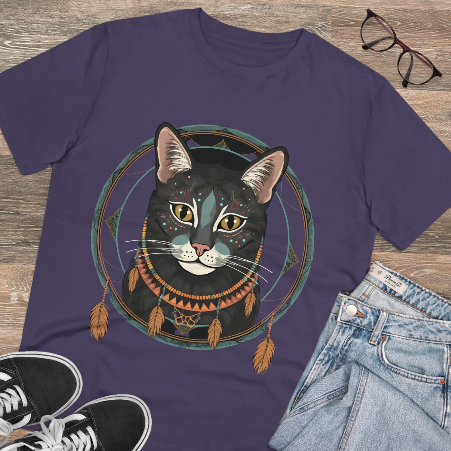 Bohemian Elegance: 100% Organic Custom Cat T-shirt - Unisex 'Circles' Design