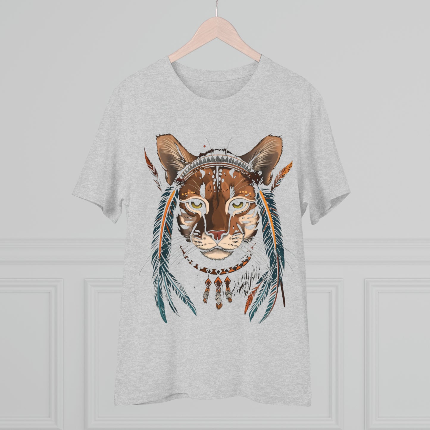 Bohemian Chic: 100% Organic Custom Cat T-shirt - Unisex 'Feathers' Design