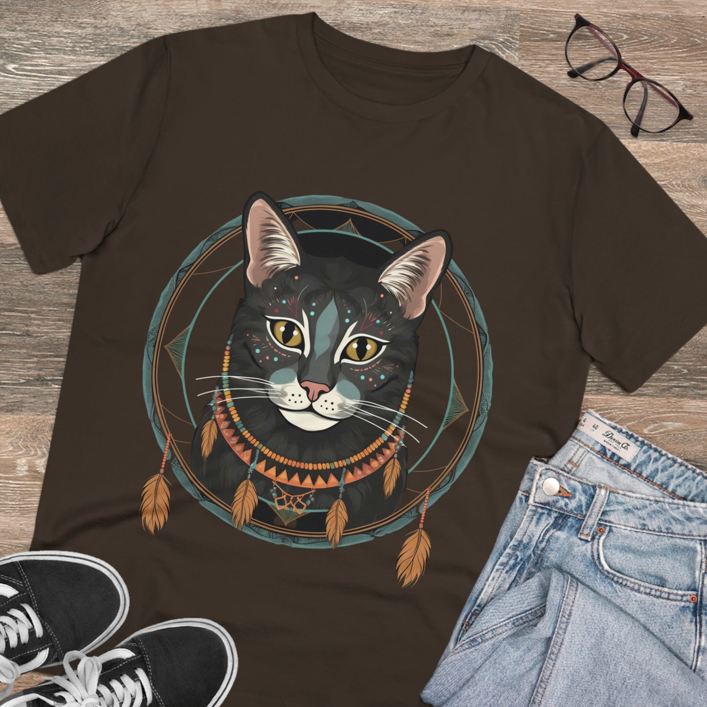 Bohemian Elegance: 100% Organic Custom Cat T-shirt - Unisex 'Circles' Design