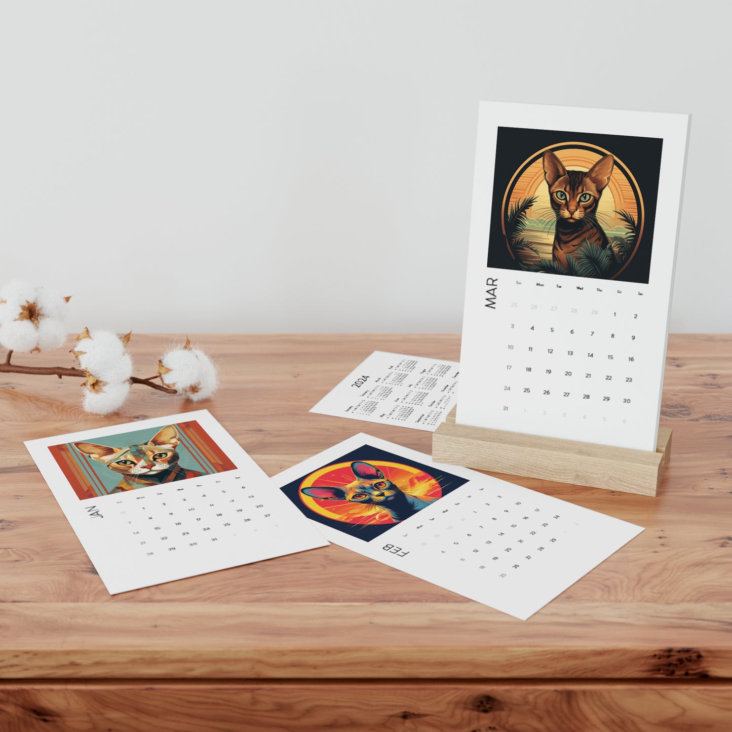 2024 Cat Art Desk Calendar with Oak Stand