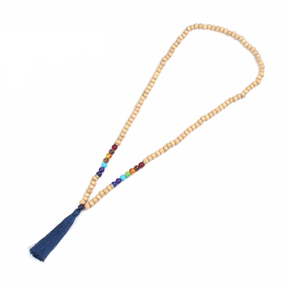 Chakra Essence: Handmade Mala Necklace with Wooden Bead Tassel