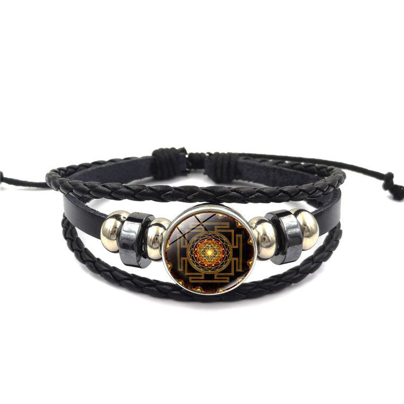 Sacred Geometry Sri Yantra Glass Charm Bracelets: Multilayer Leather Bracelets for Women and Men