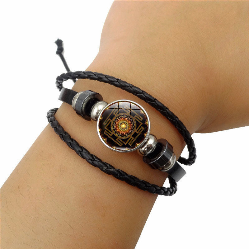 Sacred Geometry Sri Yantra Glass Charm Bracelets: Multilayer Leather Bracelets for Women and Men