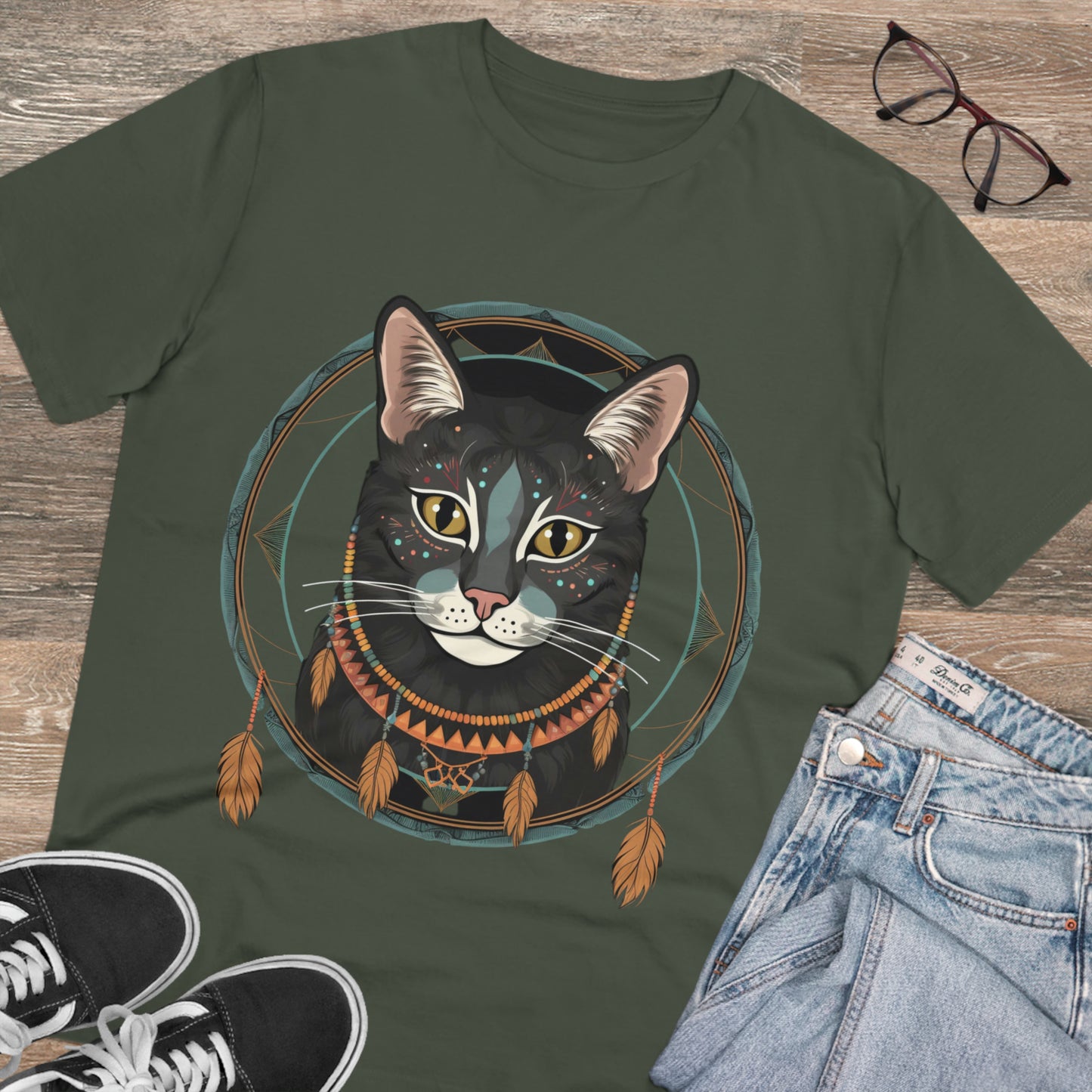 Bohemian Elegance: 100% Organic Custom Cat T-shirt - Unisex 'Circles' Design