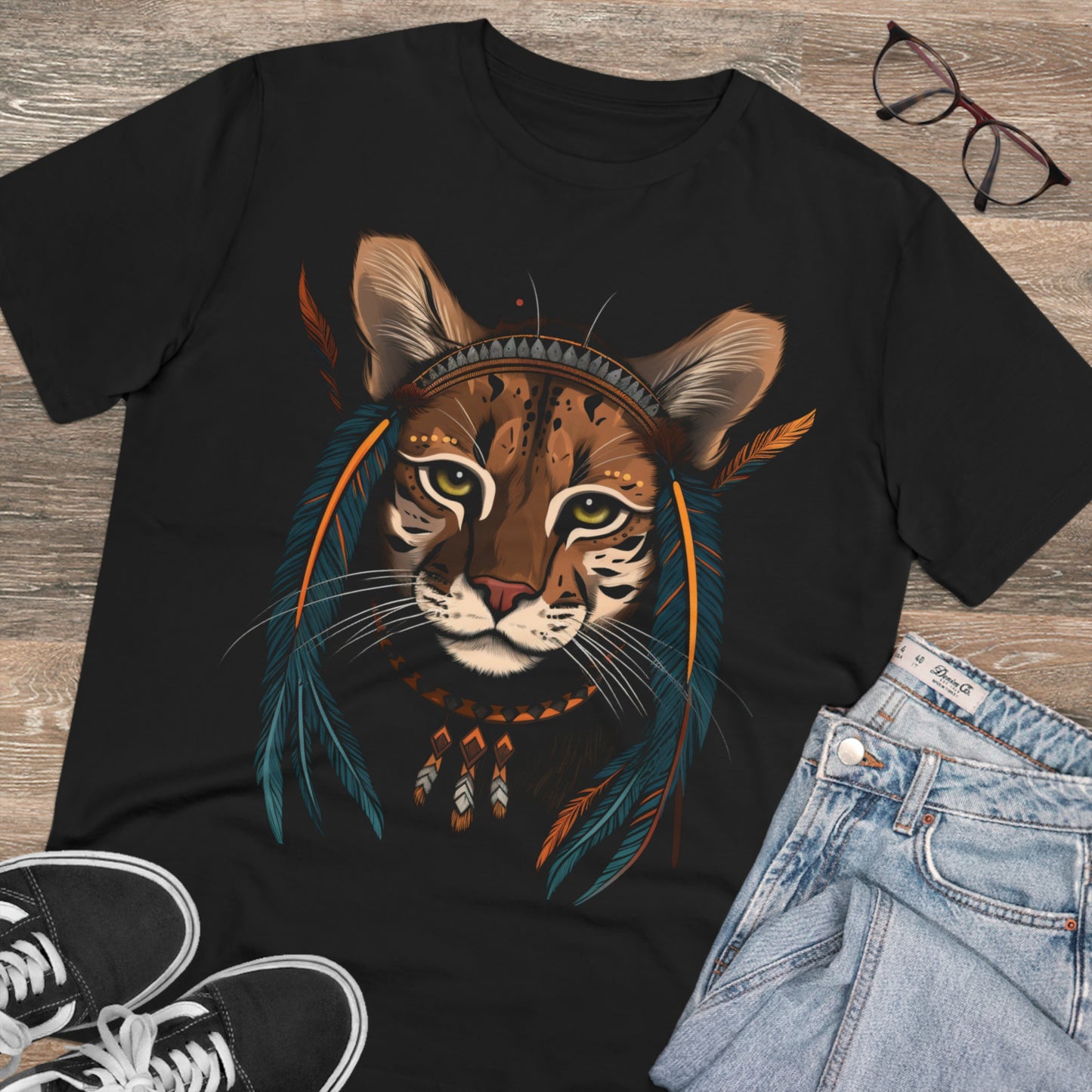 Bohemian Chic: 100% Organic Custom Cat T-shirt - Unisex 'Feathers' Design