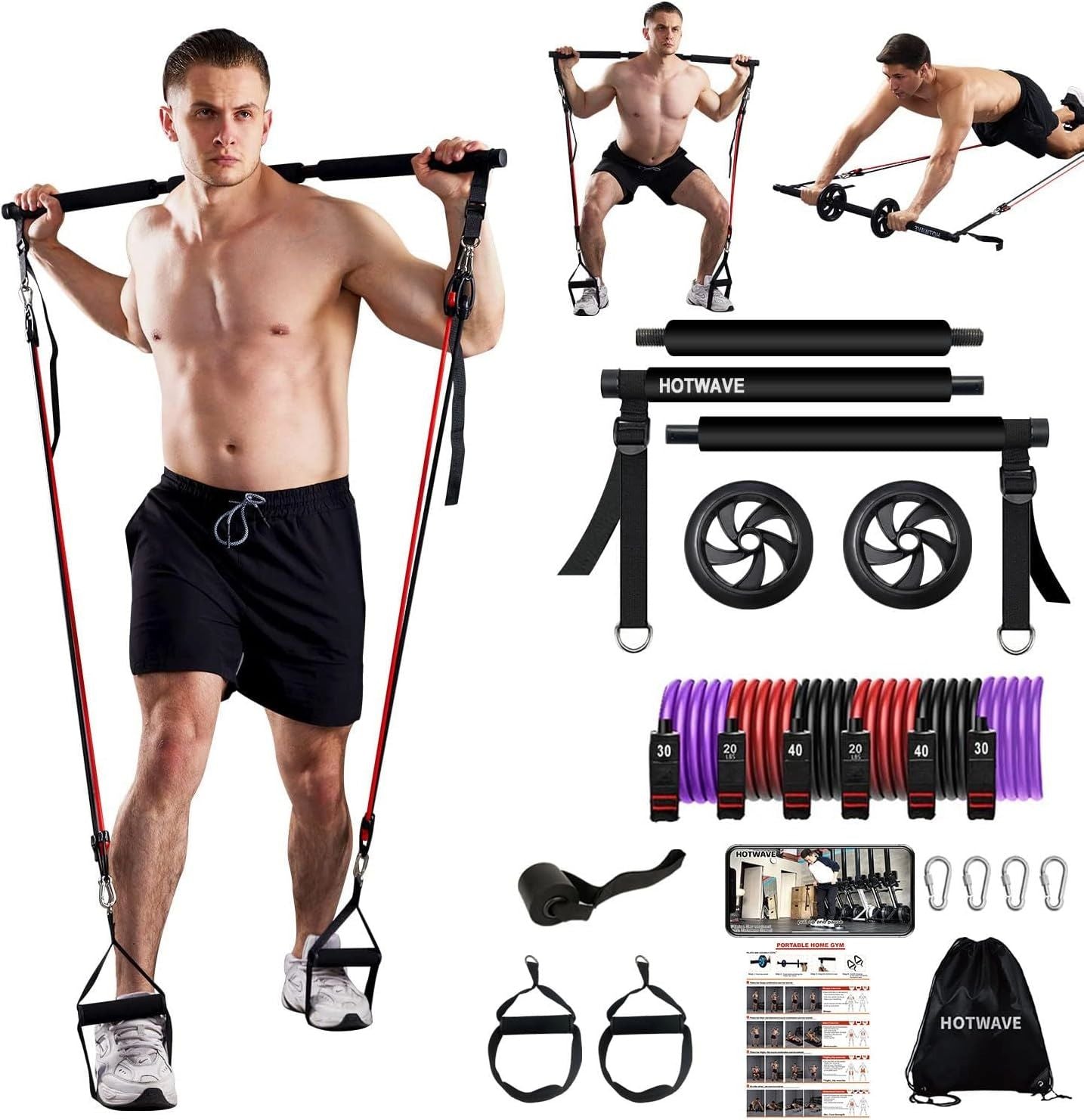 Portable Pilates Power: Bar Kit with Resistance Bands, Ab Roller for Core Strength. Your Home Gym Solution