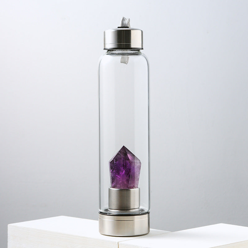 Amethyst Energy: Natural Crystal Glass Water Bottle with Rough Stone Production