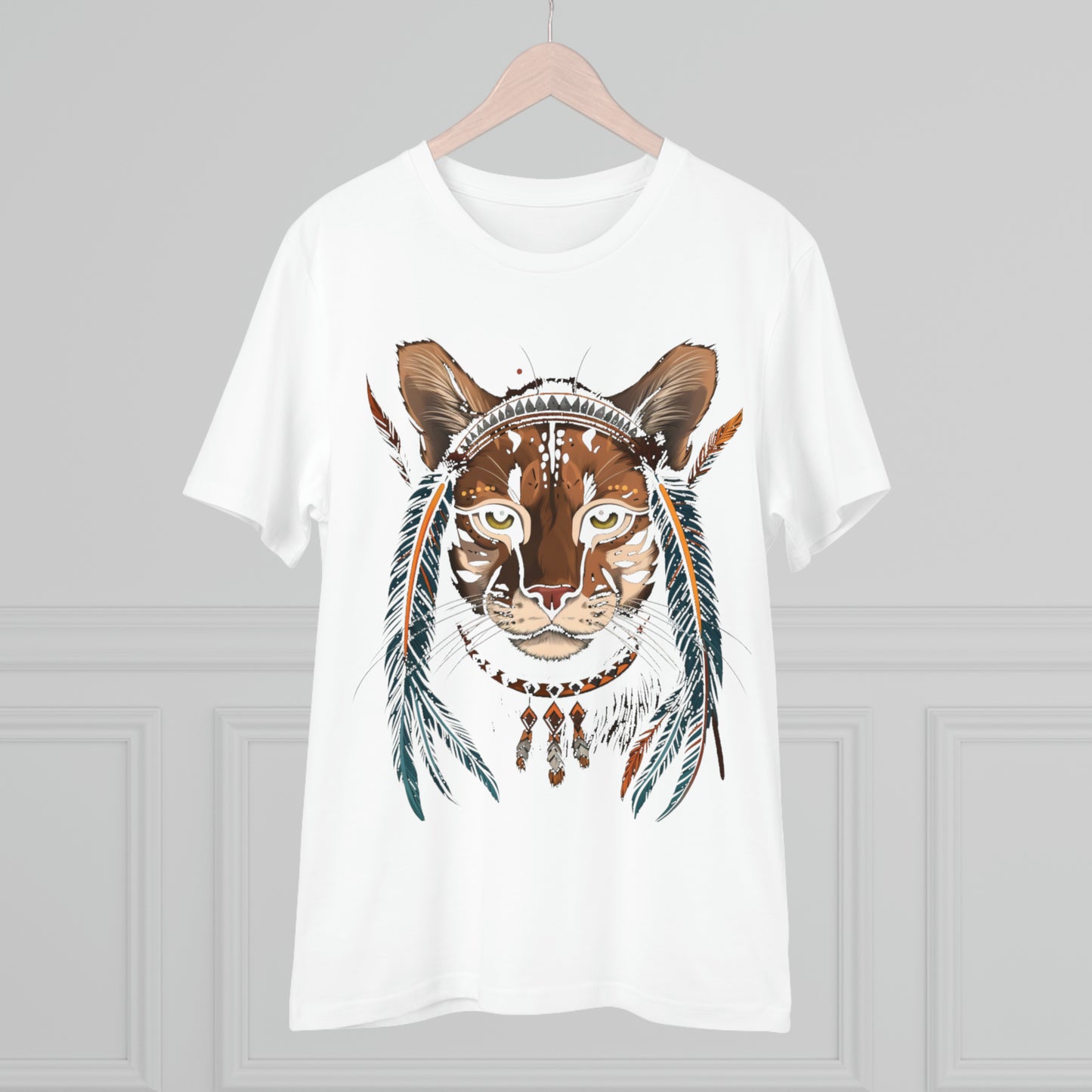 Bohemian Chic: 100% Organic Custom Cat T-shirt - Unisex 'Feathers' Design