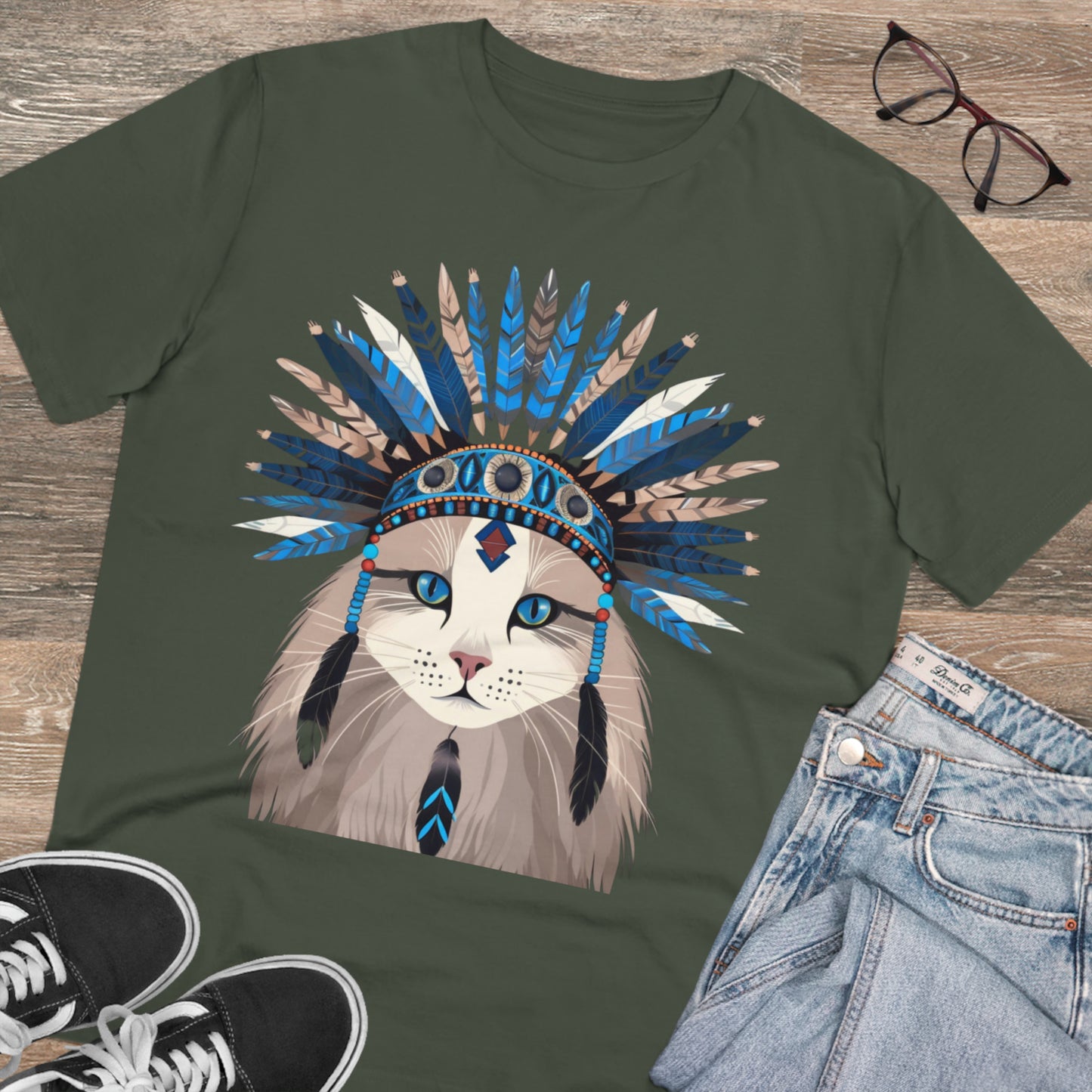 Bohemian Vibes: 100% Organic Custom Cat T-shirt - Unisex 'Blue' Design