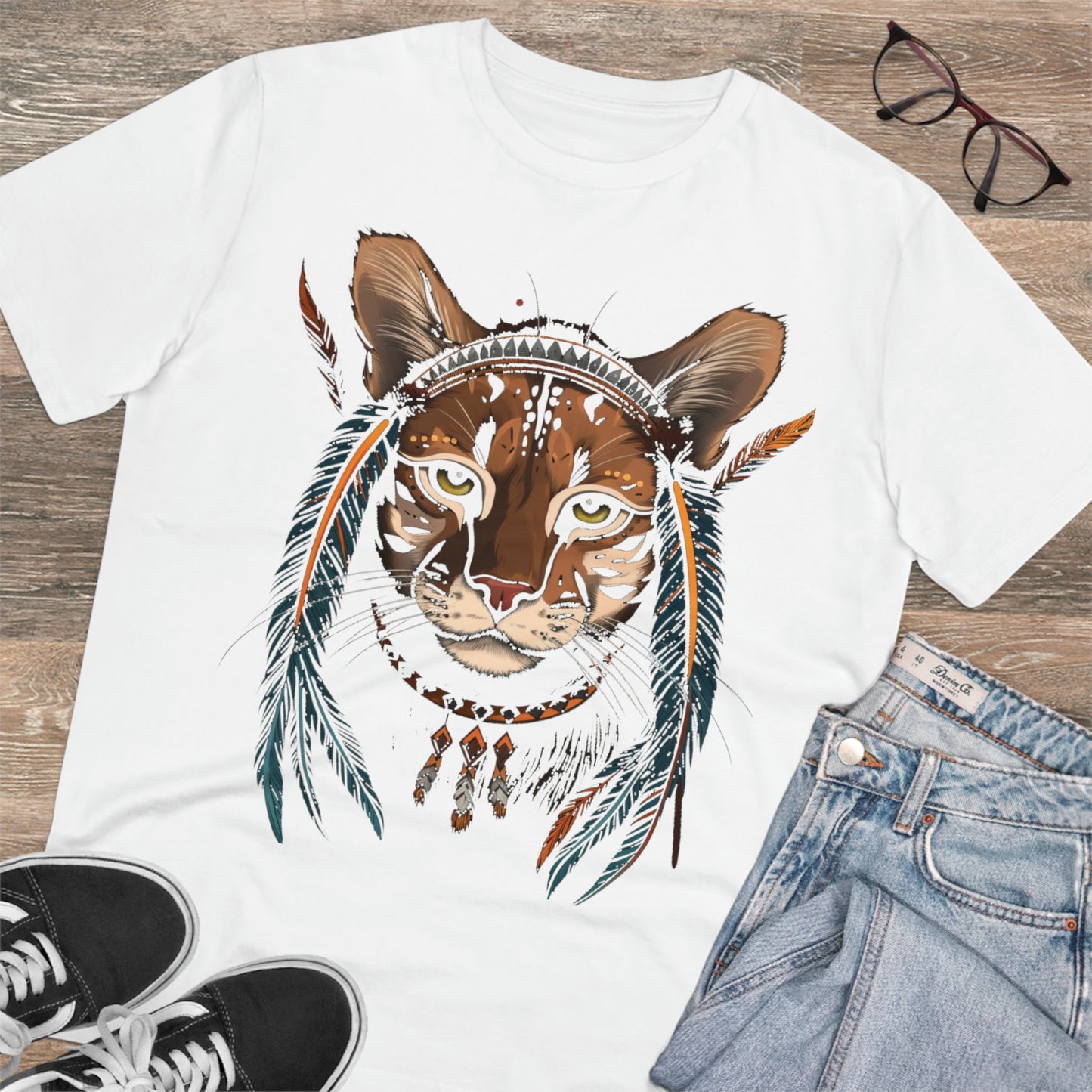 Bohemian Chic: 100% Organic Custom Cat T-shirt - Unisex 'Feathers' Design