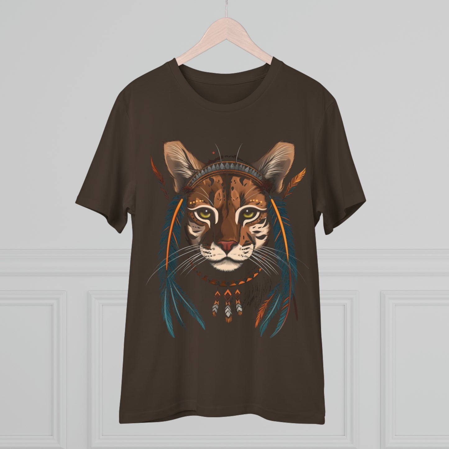 Bohemian Chic: 100% Organic Custom Cat T-shirt - Unisex 'Feathers' Design