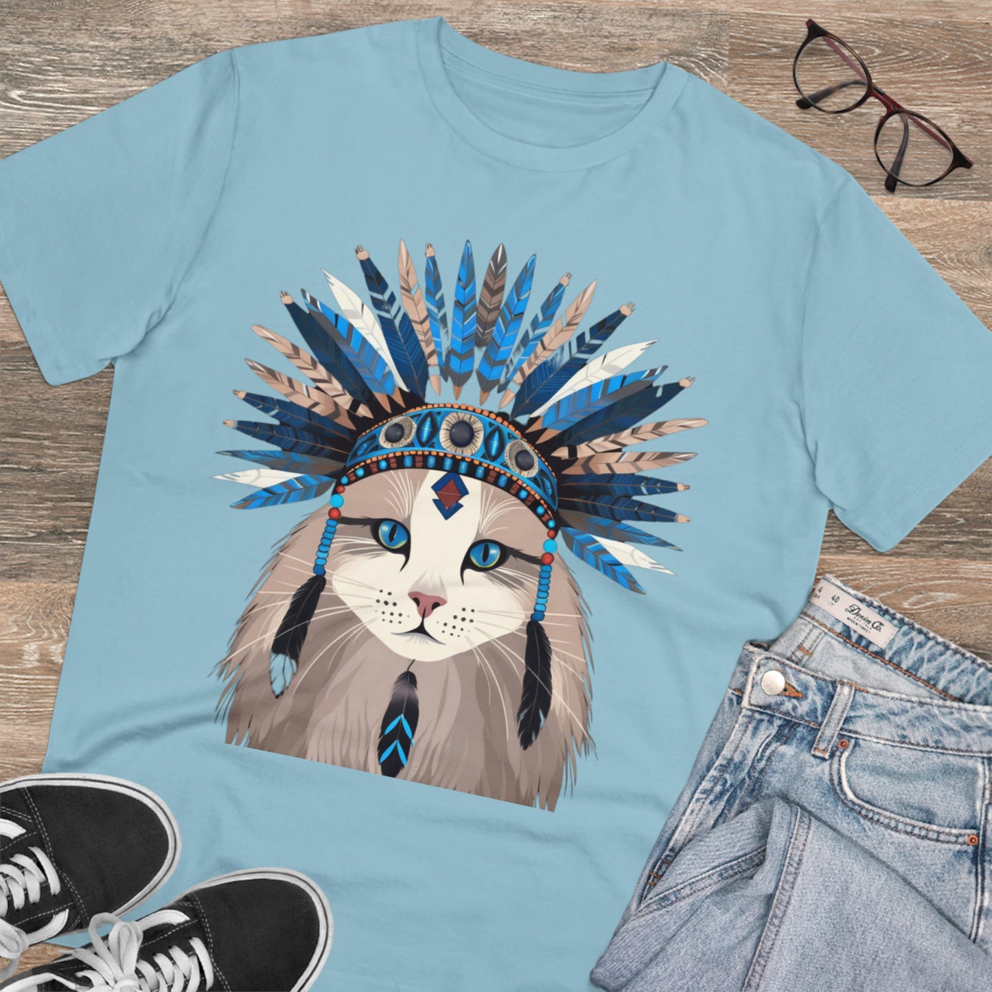 Bohemian Vibes: 100% Organic Custom Cat T-shirt - Unisex 'Blue' Design