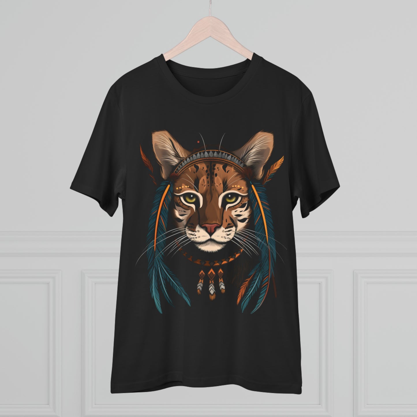 Bohemian Chic: 100% Organic Custom Cat T-shirt - Unisex 'Feathers' Design