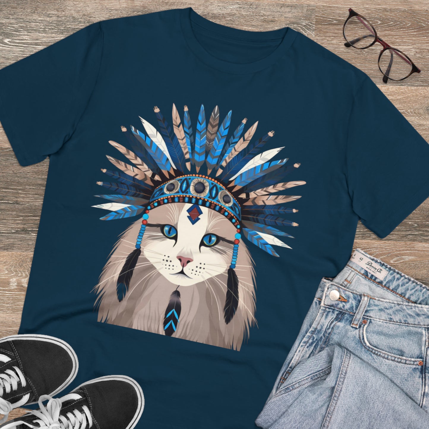 Bohemian Vibes: 100% Organic Custom Cat T-shirt - Unisex 'Blue' Design