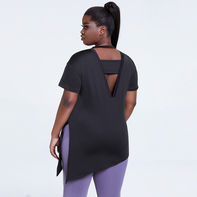 Curva U-Active-wear Workout Tops : Side Split  Back Yoga Shirt L-4XL