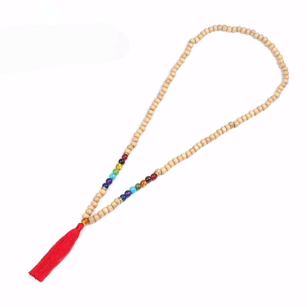 Chakra Essence: Handmade Mala Necklace with Wooden Bead Tassel