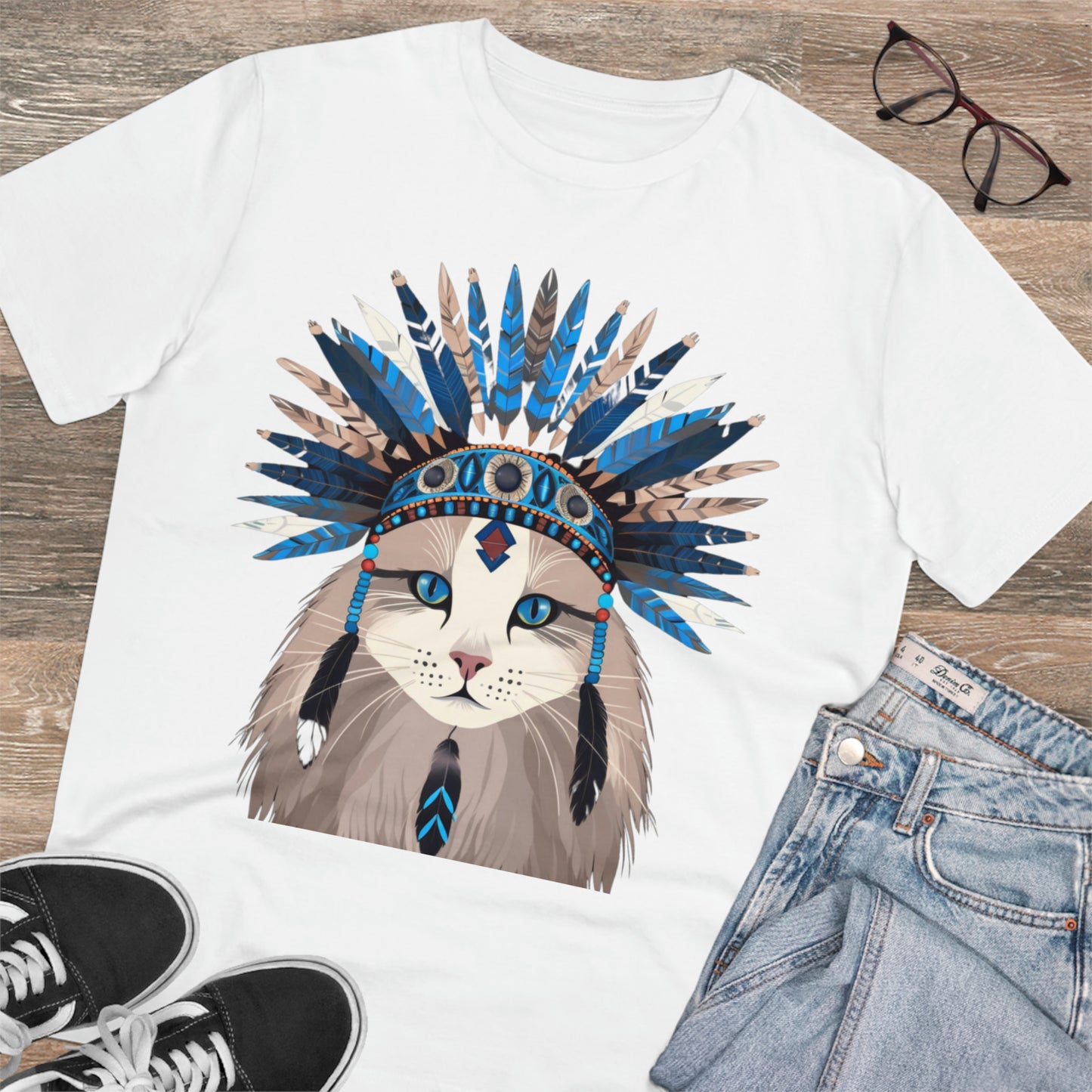 Bohemian Vibes: 100% Organic Custom Cat T-shirt - Unisex 'Blue' Design