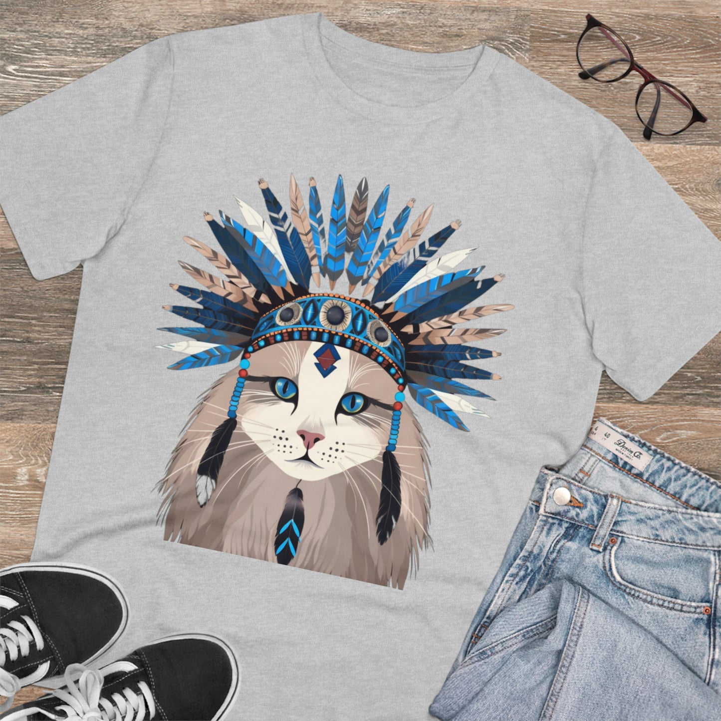 Bohemian Vibes: 100% Organic Custom Cat T-shirt - Unisex 'Blue' Design