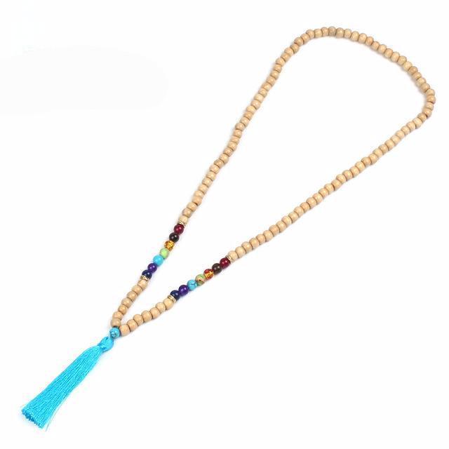 Chakra Essence: Handmade Mala Necklace with Wooden Bead Tassel