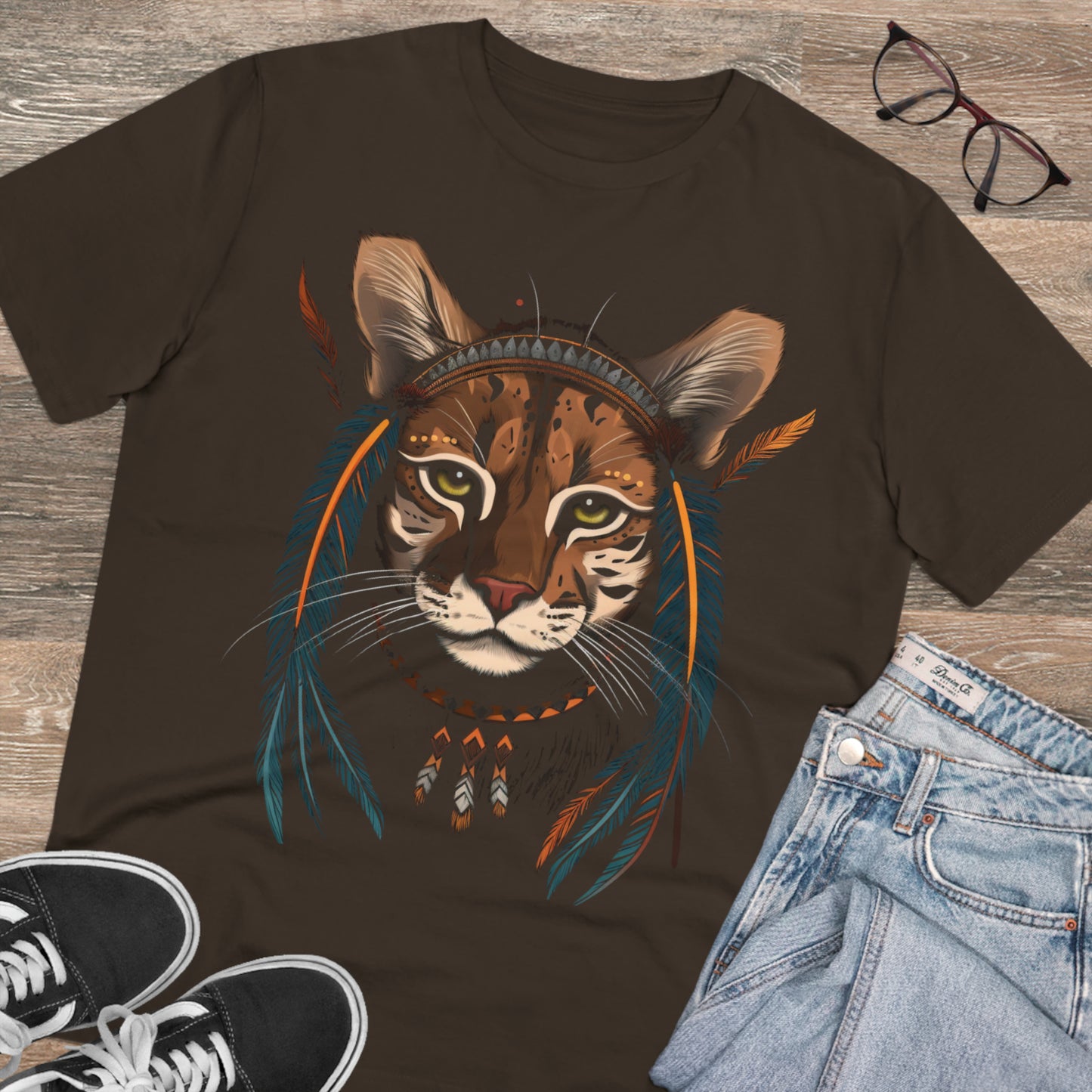 Bohemian Chic: 100% Organic Custom Cat T-shirt - Unisex 'Feathers' Design