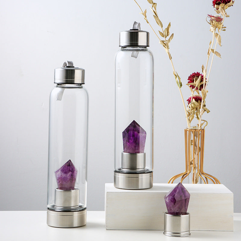 Amethyst Energy: Natural Crystal Glass Water Bottle with Rough Stone Production