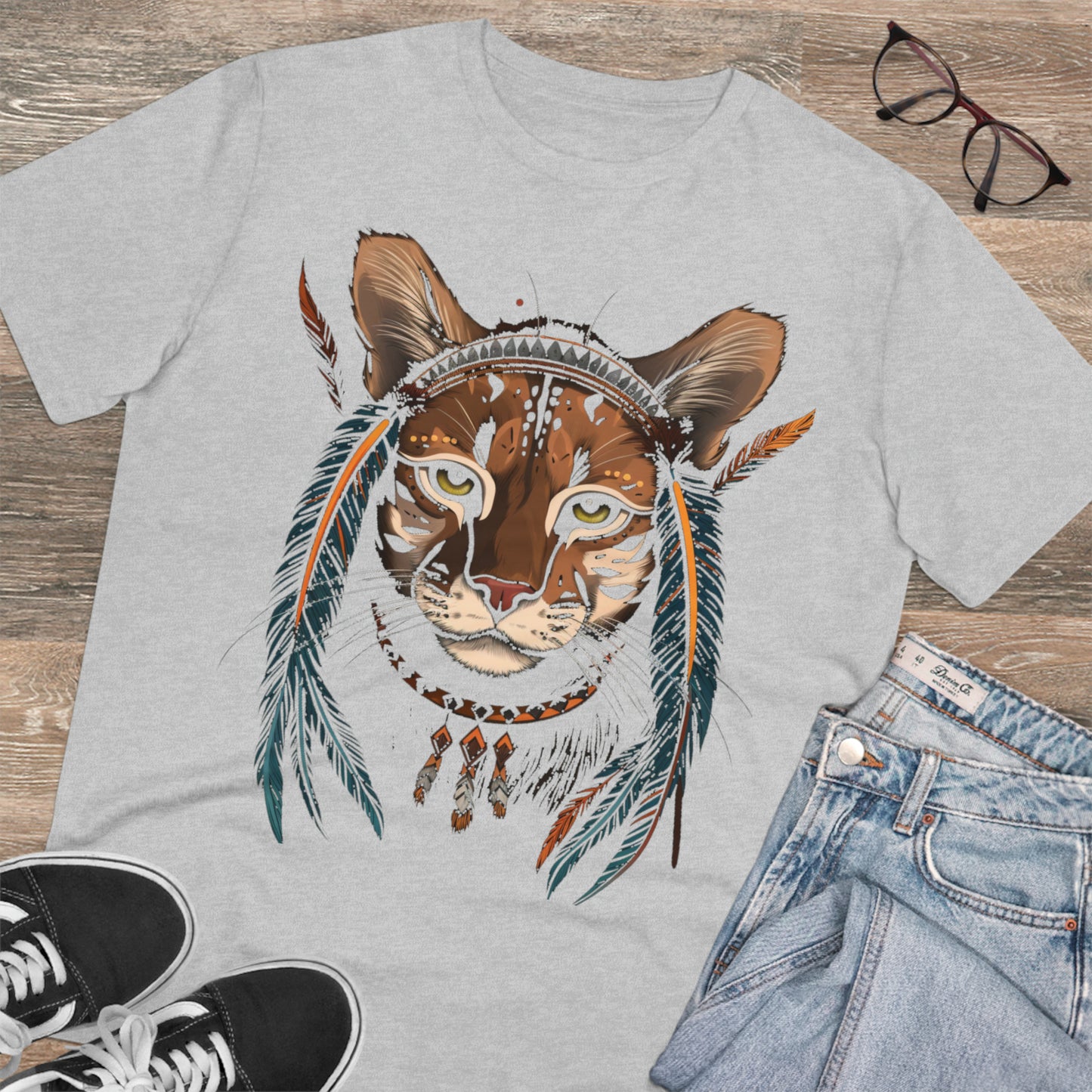 Bohemian Chic: 100% Organic Custom Cat T-shirt - Unisex 'Feathers' Design