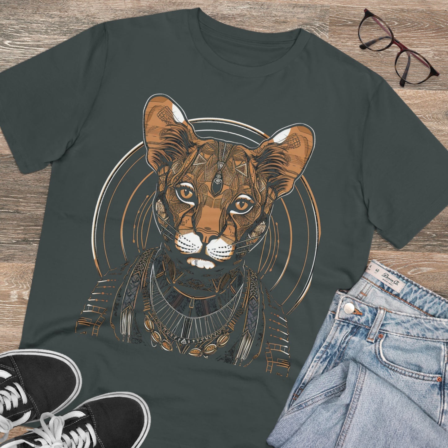 Boho Elegance: 100% Organic Custom Cat T-shirt - Unisex 'Silence' Design