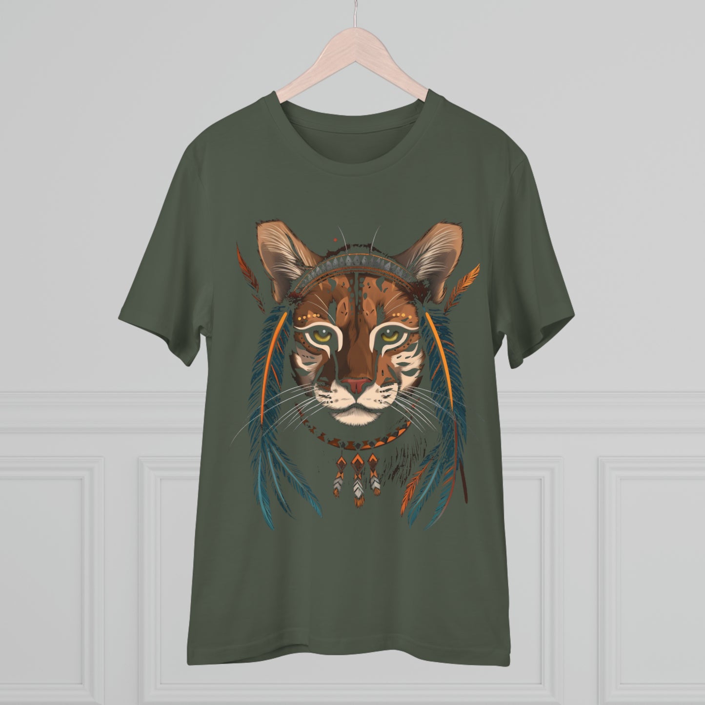 Bohemian Chic: 100% Organic Custom Cat T-shirt - Unisex 'Feathers' Design