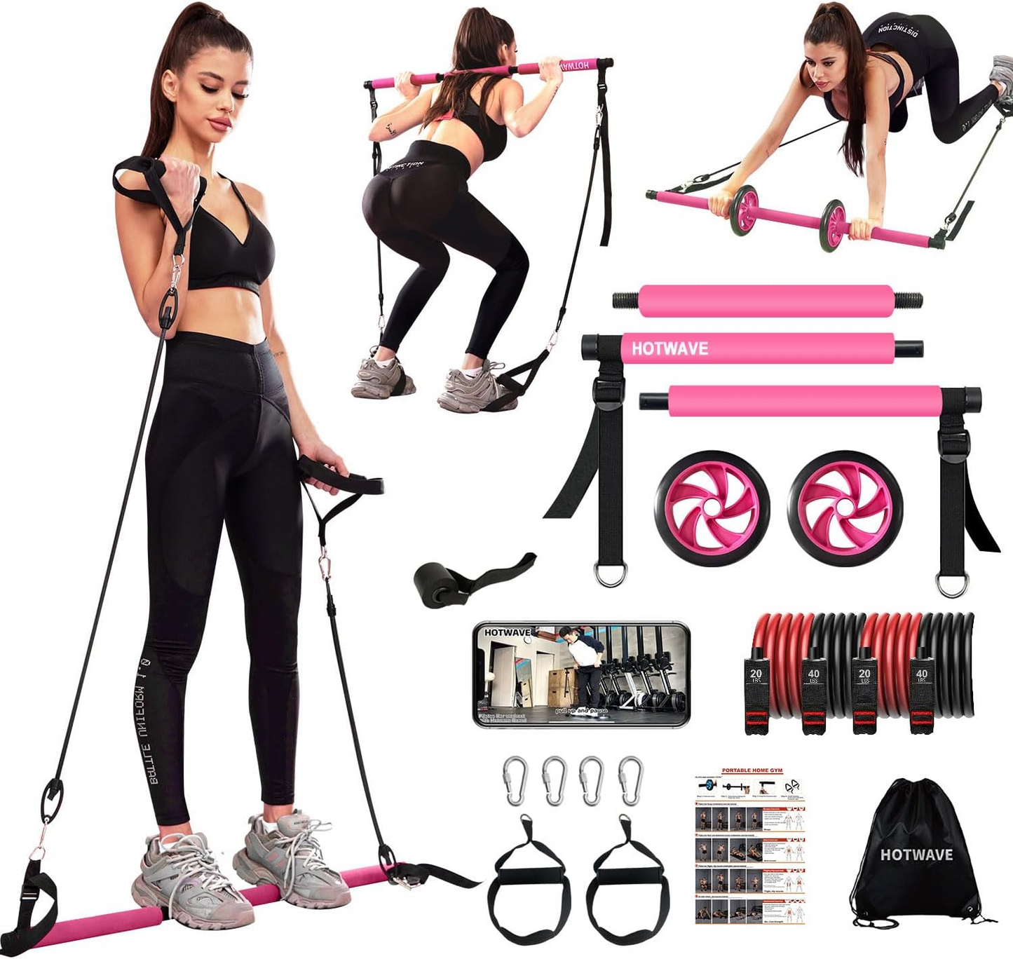 Portable Pilates Power: Bar Kit with Resistance Bands, Ab Roller for Core Strength. Your Home Gym Solution