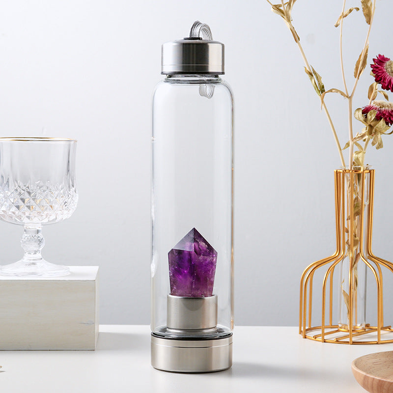 Amethyst Energy: Natural Crystal Glass Water Bottle with Rough Stone Production