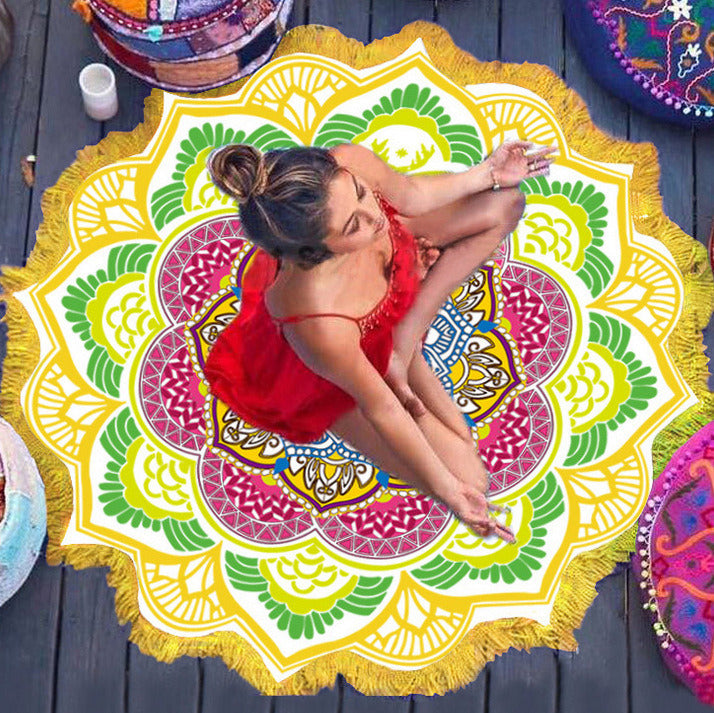 Tassel Bliss: Polygon Print Round Yoga Mat - Elevate Your Meditation in Various Colors.