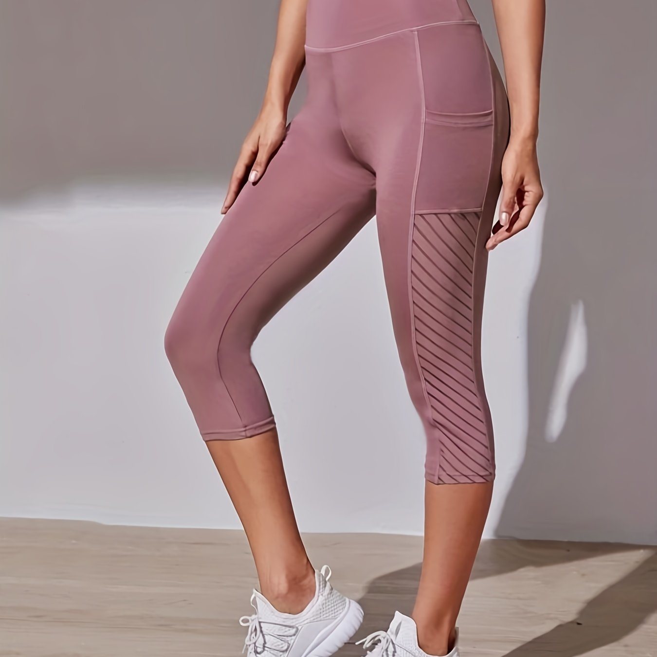 Trendy Tummy Control Capris: High Waist, No Pockets, Mesh Design for Active Women.