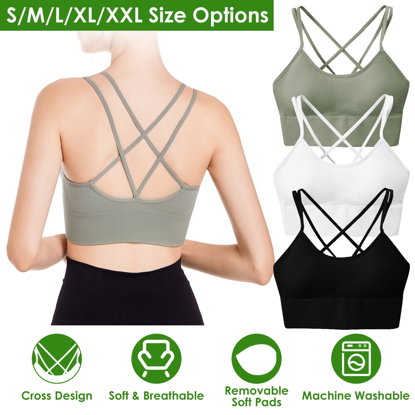 Cross Back Comfort: 3-Pack Padded Sport Bras with Cross Straps