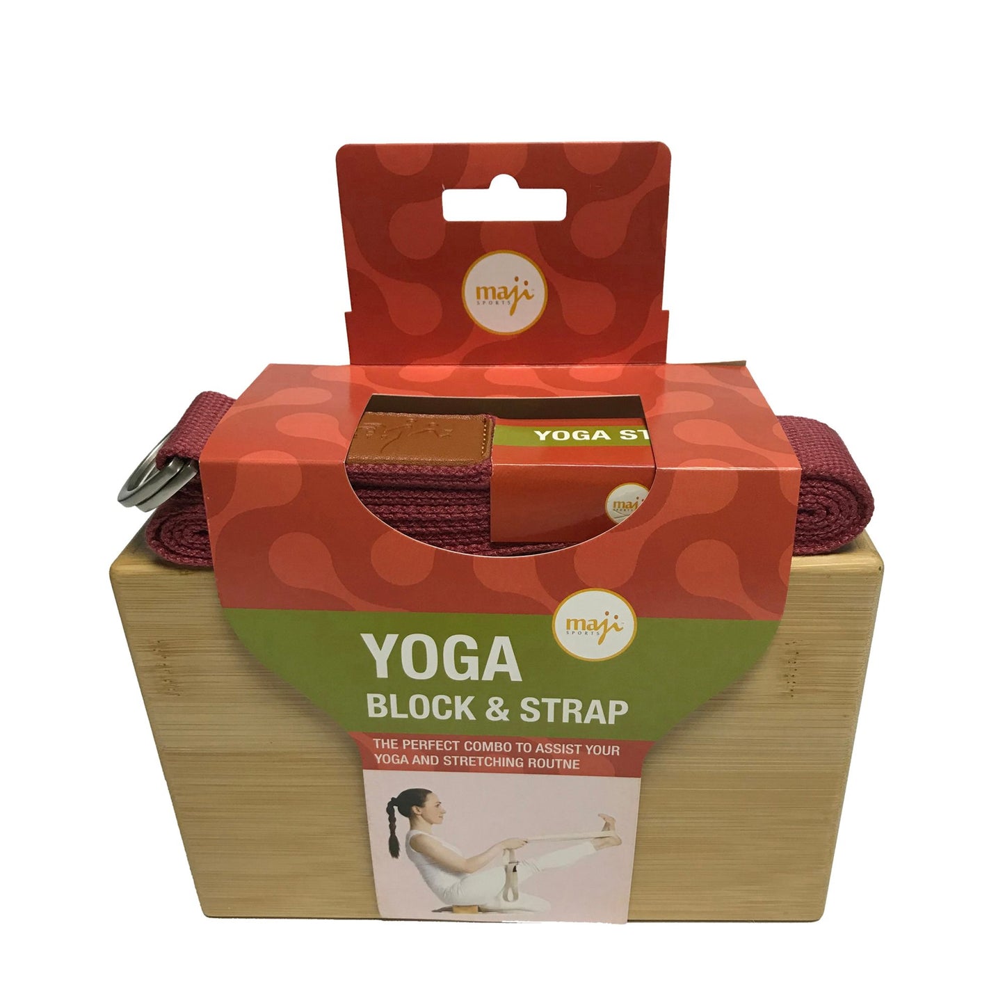 Eco-Friendly Yoga Support: Bamboo Block & Strap Combo with Red Strap